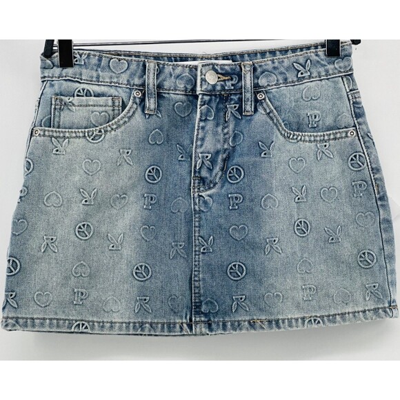 Playboy Dresses & Skirts - Playboy jean Mini skirt size 7 blue embossed Bunny peace